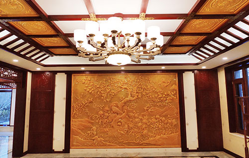 排浦镇中式别墅客厅中式木作横梁吊顶装饰展示